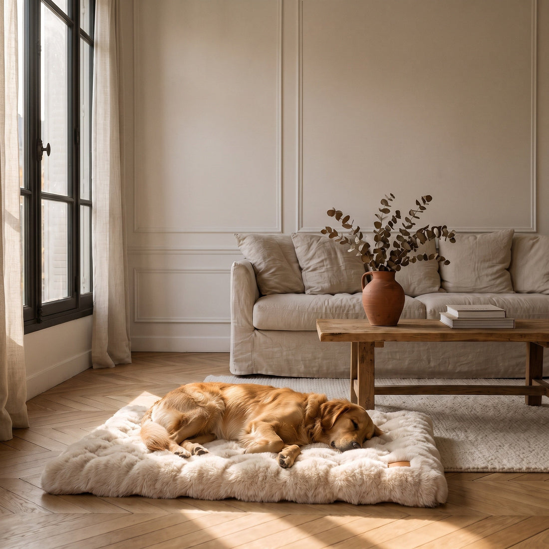 Chien endormi sur un matelas orthopédique dans un salon