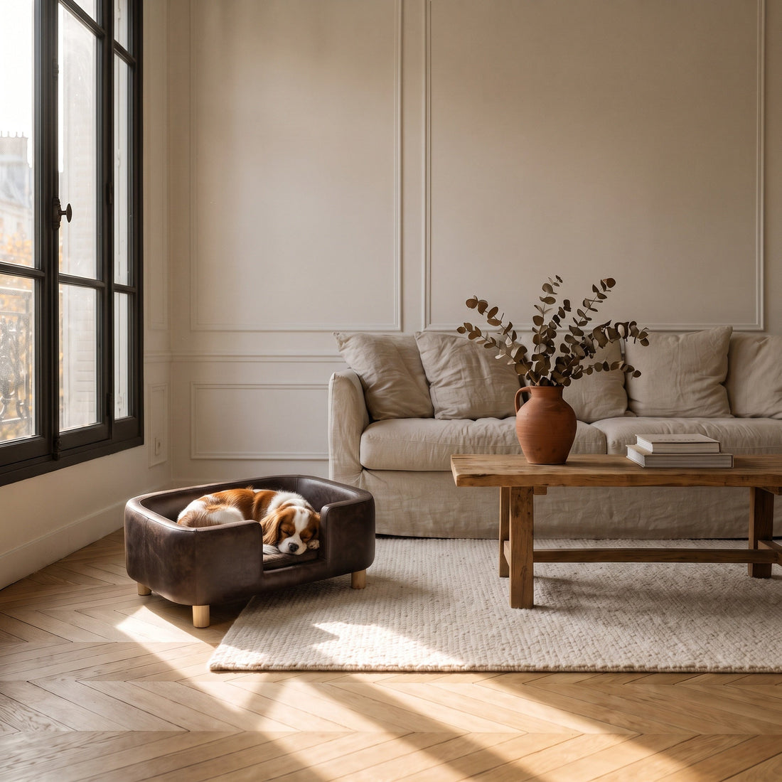 Panier pour chien installé dans un angle de salon, hors du passage