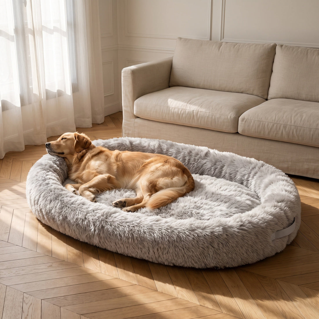 Golden retriever endormi sur le flanc, pattes allongées, sur un grand couchage
