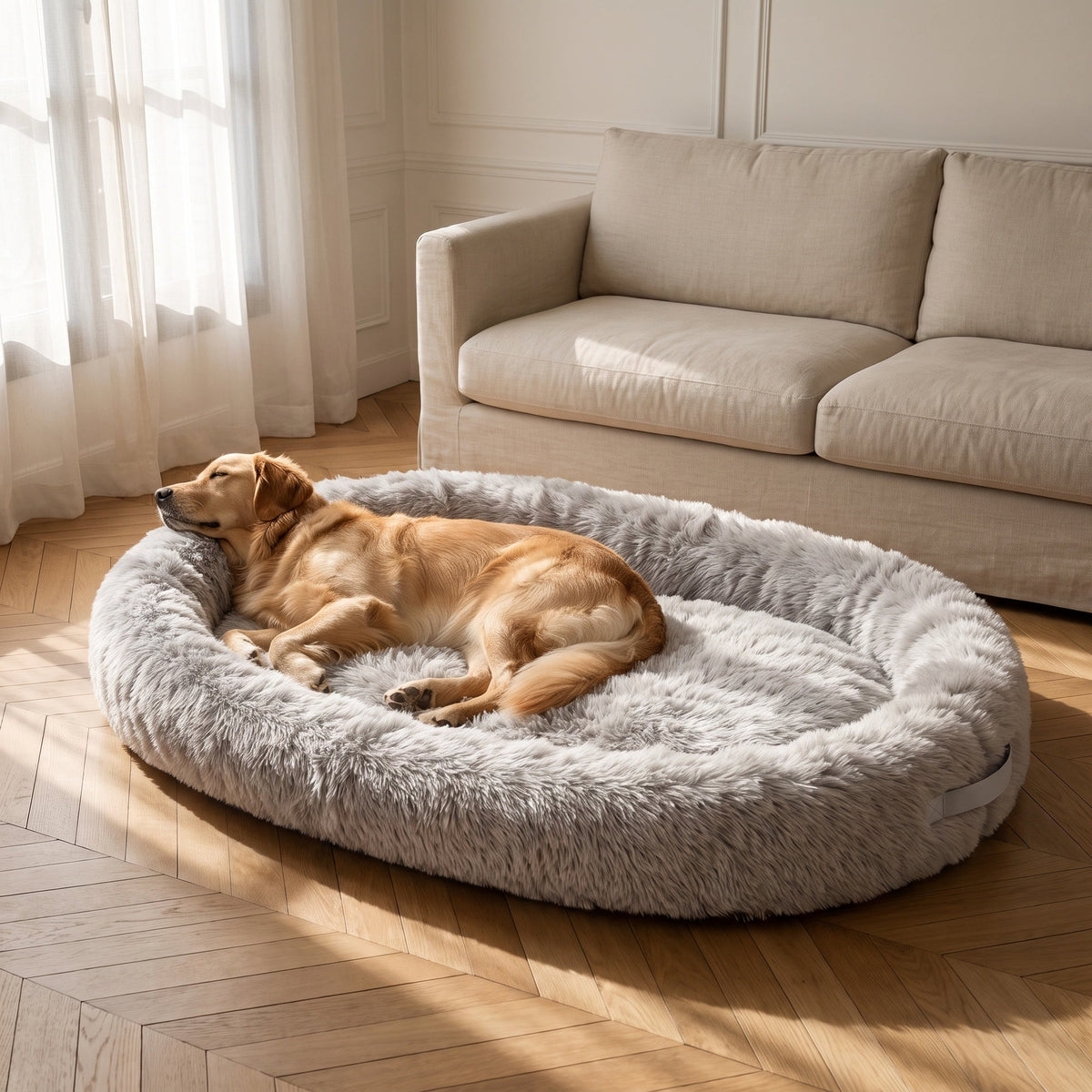 Golden retriever endormi sur le flanc, pattes allongées, sur un grand couchage