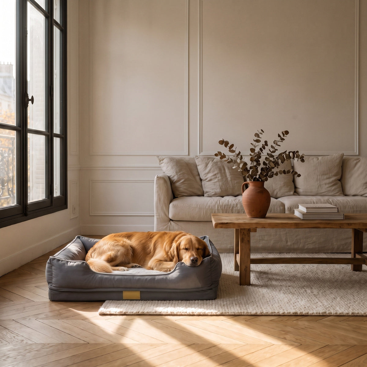 Chien couché dans un panier orthopédique à rebords, dans un salon
