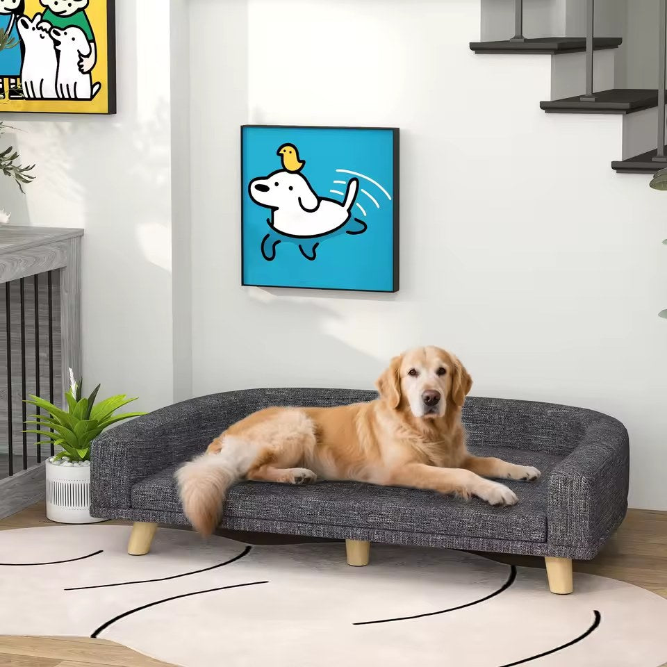 Le panier Ardoise dans un salon clair, grand chien couché de tout son long