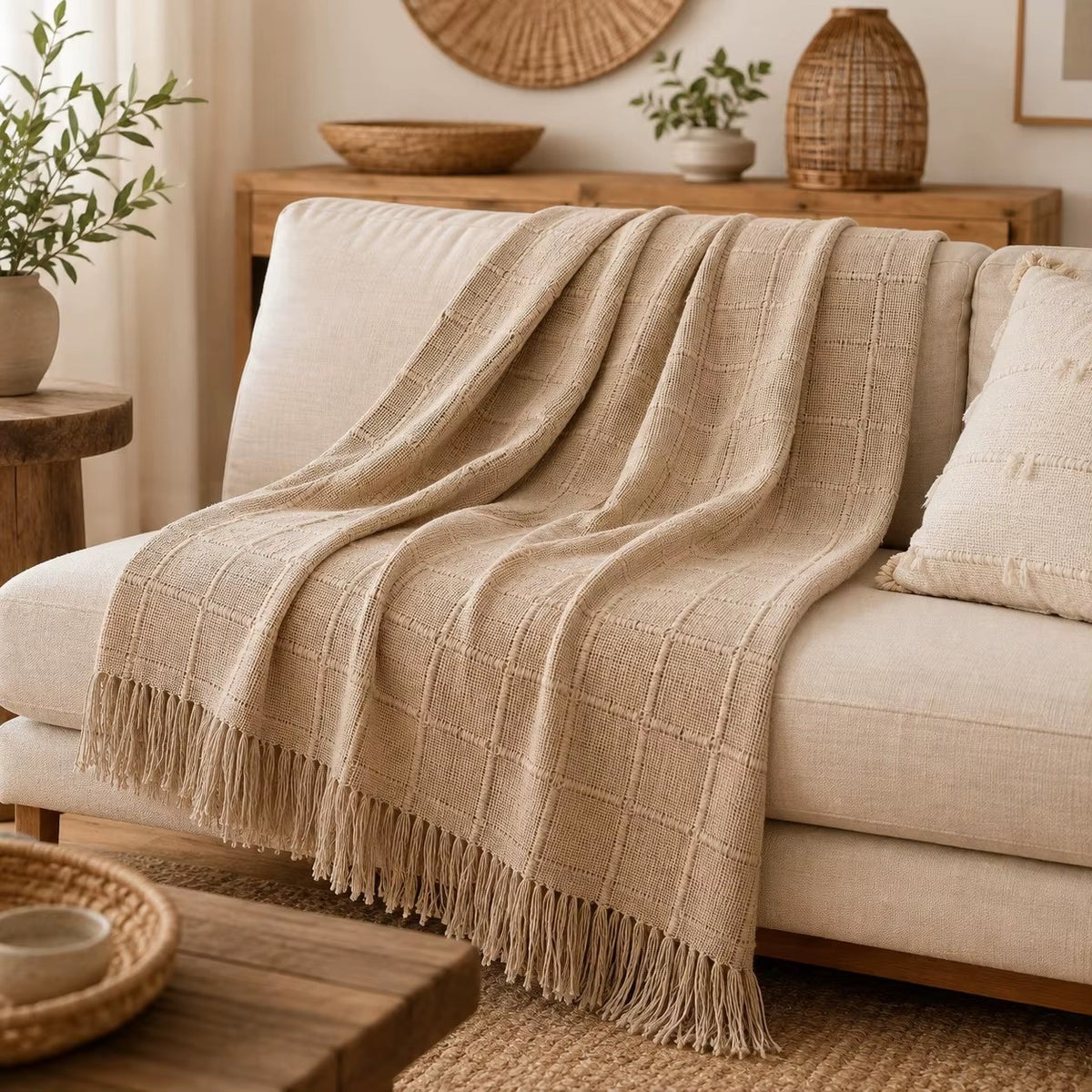 Couverture Bruyère beige foncé jetée sur un canapé clair