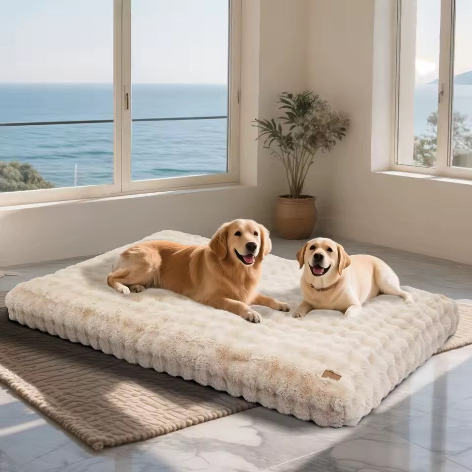Le matelas Cocon beige en grande taille, deux chiens allongés dessus
