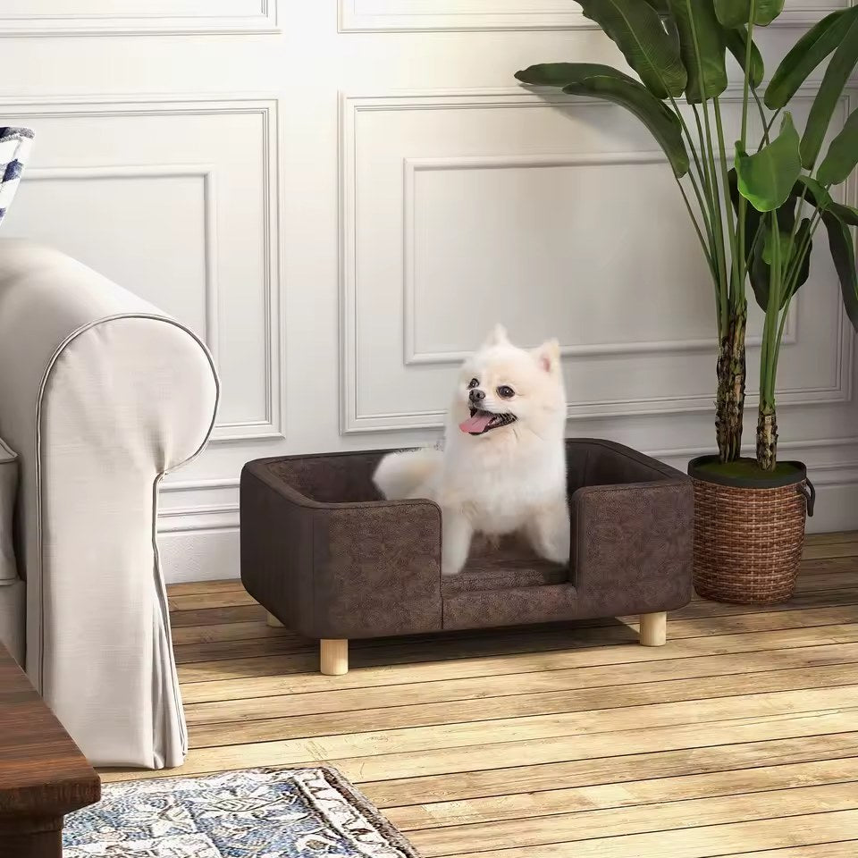 Le panier Havane dans un salon, petit chien blanc assis dedans