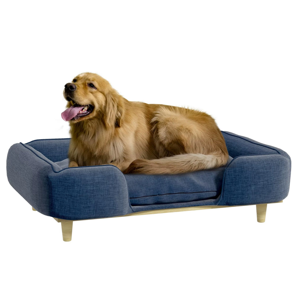 Panier pour chien sur pieds Marine, tissu bleu foncé et pieds en bois, avec un golden retriever couché dessus