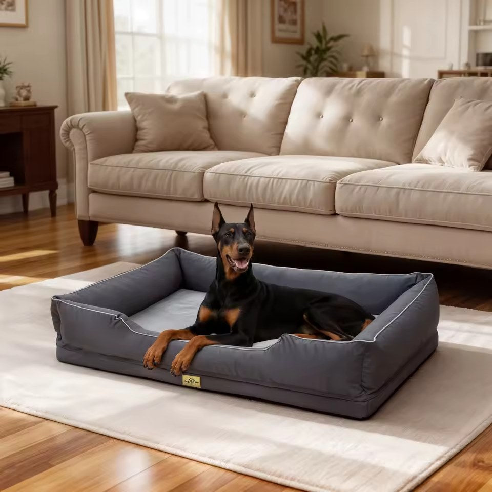 Panier Tanière gris foncé à bords hauts, grand chien couché dedans dans un salon